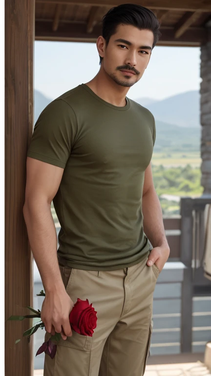  Realistic Photos Realistic Natural Light Thai Men Short Hair, very handsome,, very thin mustache ,  beautiful muscles ,  beautiful body ,  wearing a navy round neck T-shirt,  Khaki Cargo Pants, Holding a large bouquet of red roses,Standing on the mountain...