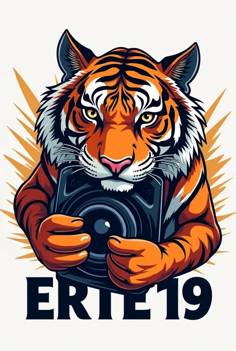 make me a logo with the title erte 19. with the theme of a tiger holding a speaker