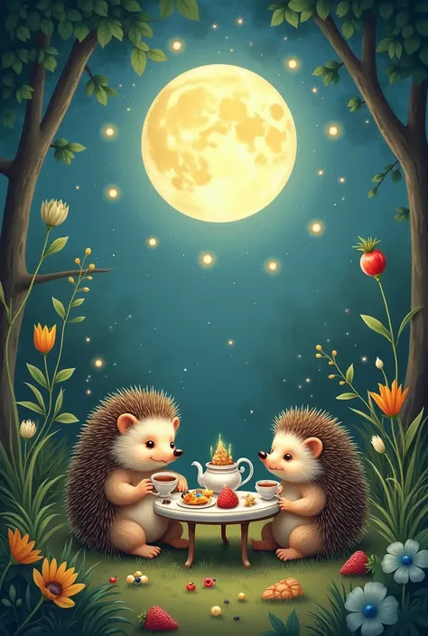 A garden hedgehog tea party held under the moonlight, illustrated in a cute picture book style, evokes a sense of whimsy and fantasy. The scene captures the charm of tiny hedgehogs gathered around a miniature table, sipping tea and nibbling on treats amid ...