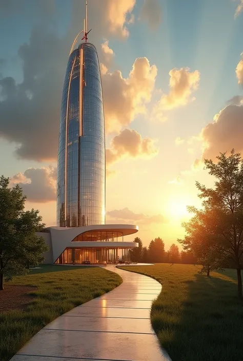 An elegant and motivating image of real estate .  Shows a modern skyscraper with golden light reflecting success ,  next to a luxury home with a path that symbolizes progress . Add an inspiring background with a bright sky 