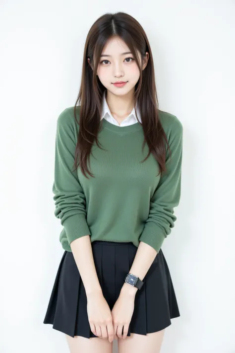     Japanese      cute idol,   Japanese     cute girl,   cute,  1 girl is the best  ,   alone,   university student、Green Sweater、 skirt  ,       black hair,    long hair,    watch viewers  ,    Masterpiece,    highest quality,    More details,    very det...