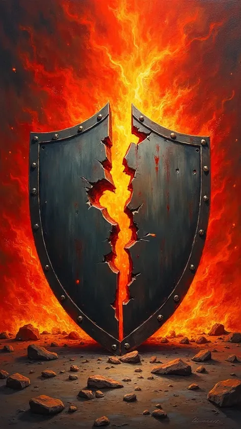 A painting of a shield broken in half with red flames behind 