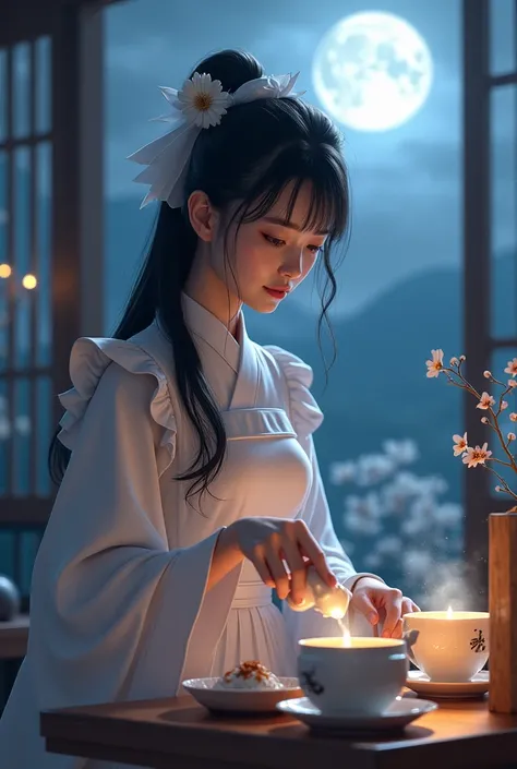 (( highest quality)), (( Masterpiece)), (  Details),  1 girl, Moonlit Tea Ceremony, A beautiful girl in a maid uniform is serving tea under the moonlight.