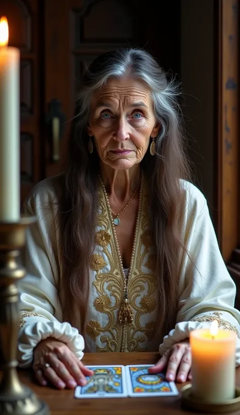 Create a realistic portrait of a very old woman with long, dark brown hair and blue eyes. she holds a tarot card, she is looking directly straight to the camera She has a calm and thoughtful expression on her face. She is wearing an ornate white and gold r...