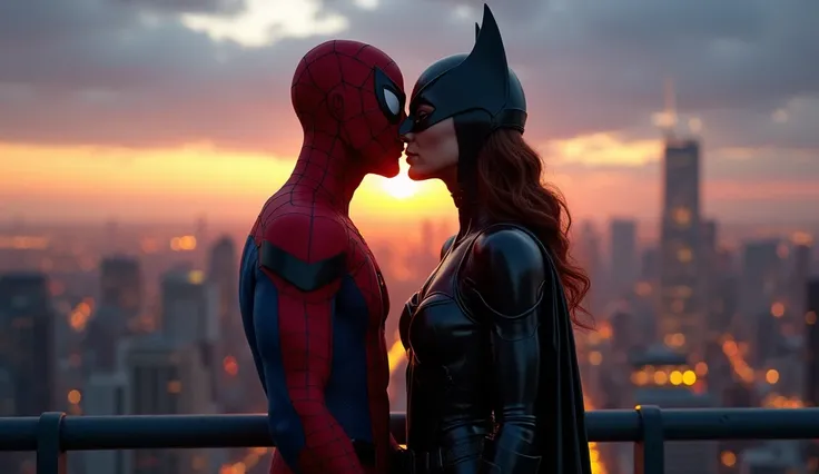 Spider-Man and Batgirl sharing a moment of closeness on a rooftop, with a soft sunset glow in the background. They are looking into each other's eyes, about to kiss. The city lights twinkle below.