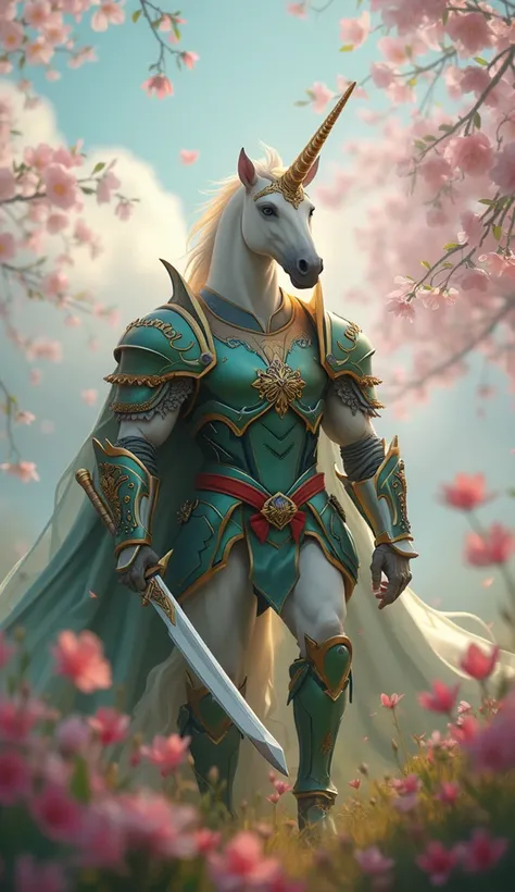 A noble unicorn warrior in shining green and gold armor, wielding a glowing sword, standing in a field of blooming flowers with cherry blossoms in the wind.