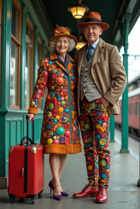 old lady in colorful coat with whimsical design, with large colored metal buttons, Wait at an old station with an old suitcase as colorful as his whimsical coat,  her shoes have a high heel, The lady is wearing a miniskirt, The husband is next to her in a ...