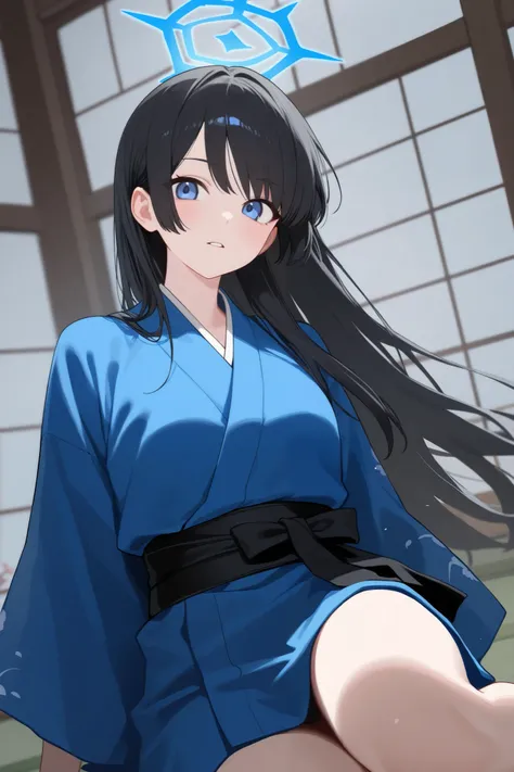 1 girl, Hair length reaches the back, Black hair and blue on the edges of the hair, blue eyes, but not bright, wear a sexy samurai outfit, หน้าอกไซส์ปานกลาง, have a blue halo