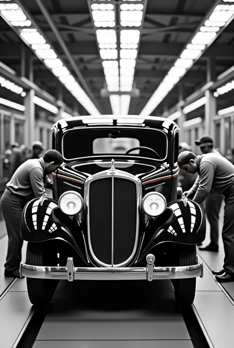 A vintage, black car is centrally positioned on a conveyor belt in a factory setting.  The car is a classic design, likely from the mid-20th century, with chrome details visible on the grille and bumpers.  Several workers, appearing to be Caucasian men in ...