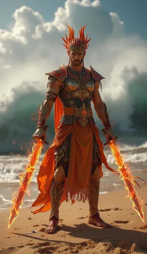 A fierce phoenix warrior in fiery red and orange armor, holding twin flaming swords, standing on a sunlit beach with waves crashing behind.