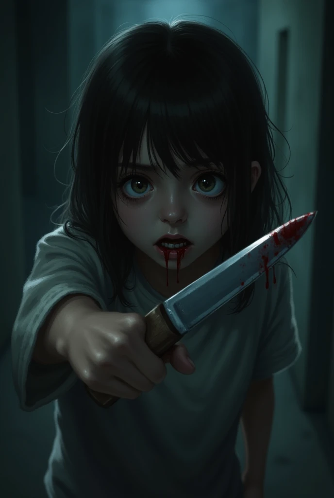 A terrified girl with a knife and her mouth is bleeding