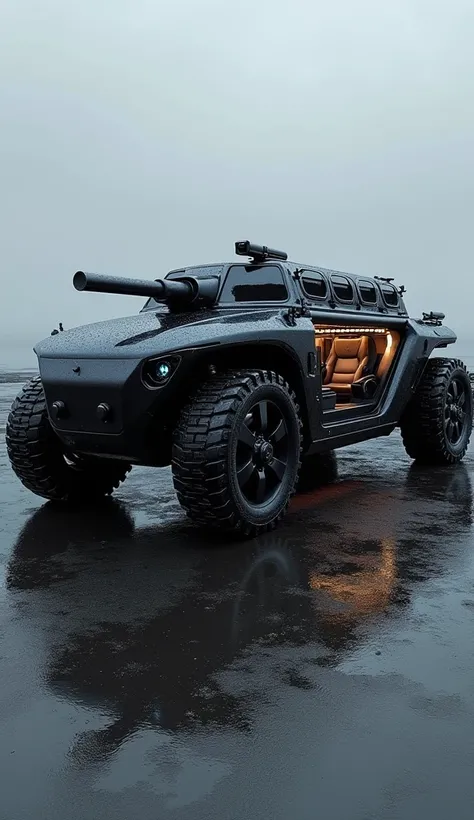 Create a hybrid vehicle that fuses the rugged power of a tank with the luxury of a limousine, featuring an elongated, glossy black armored body with tinted windows and chrome accents, mounted on heavy-duty tank tracks for all-terrain capability. The design...