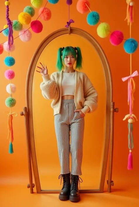 Selfie in the mirror in a cardigan asian girl with green hair pigtails, in striped pants and big boots on an orange background with garlands