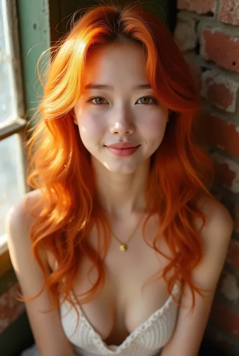 A close-up shot of a young K-POP girl with vibrant orange hair, styled in loose waves framing her heart-shaped face. Her bright gaze meets the camera's lens as she smiles softly, lips slightly parted. The warm lighting highlights the fiery hue of her locks...