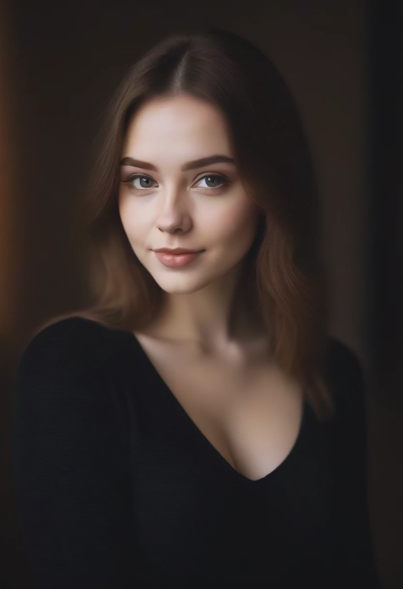 instagram photo, portrait photo of 23 y.o Chloe in black sweater, (cleavage:1.2), pale skin, (smile:0.4), cozy, natural skin, soft lighting, (cinematic, film grain:1.1),