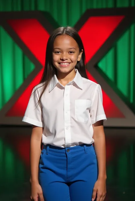 A realistic image of a 20-year-old girl with light skin and a slim physique, standing confidently on the America’s Got Talent (AGT) stage. She is wearing a white shirt and blue pants, with her hands relaxed at her sides. The background features a green-lit...