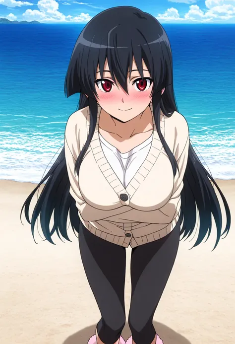 masterpiece, best quality, very aesthetic, anime screencap,1girl, solo, large breasts, blushing, looking at viewer,smile,akame, long hair, black hair, red eyes, hair between eyes,wearing a comfy cardigan over a plain t-shirt, leggings, and fluffy slippers,...