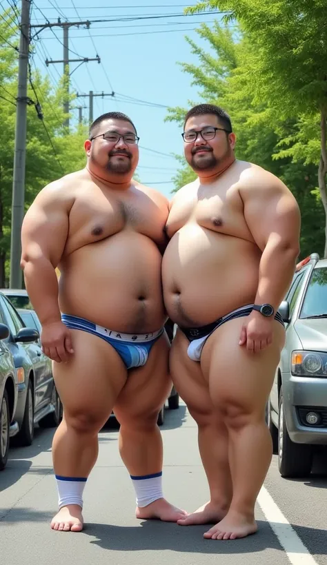  Gay Couple 、Parent and 、 fat man、overweight，Fat、fat、 Japanese、 white socks、naked、Glasses、 jockstrap、 in the middle、Nipples、Body hair、 waving、 super detailed 、 anatomically correct、 parking、Residential area