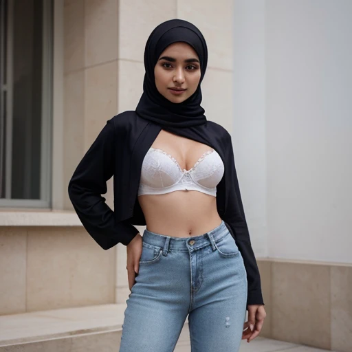 Pakistani Hijab Muslim Girl posing for photo in white bra and tight denim, arms open , full body, with cropped t-shirt, bra, smart figure, moderate firm bust, Smart hijab abaya girl Instagram model influencer , 24 year old female Social media hot model,