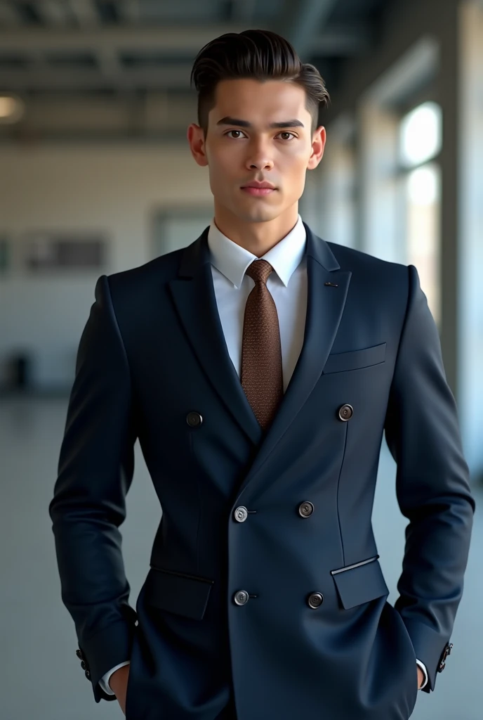 The image features an individual posed in an industrial office space, styled in a formal and contemporary fashion. The individual appears to be a young male with slicked back hair. He is dressed in a sharp navy blue double-breasted blazer over a white dres...