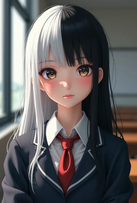 White haired girl with black hair is a student