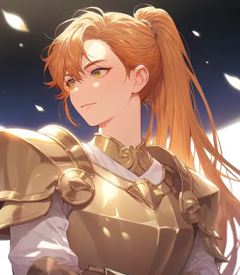 1girl, pretty, cute, orange hair, long hair, ponytail, bangs, yellow eyes, gold saint armor, manhwa