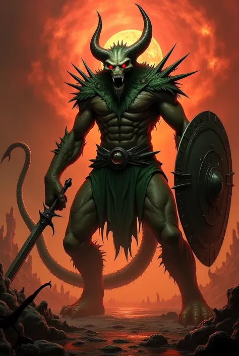 A demon beast with horn and tail. Skull face, red glowing eyes, green cloth, sword and shield, hell background