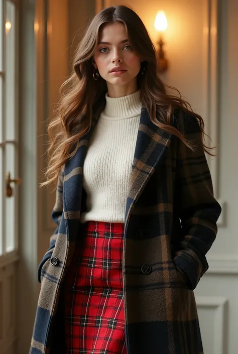 (( highest quality)), (( Masterpiece)), (  Details),  1 girl, Argyle checked cashmere long coat, white tube top sweater, red flannel flared long skirt