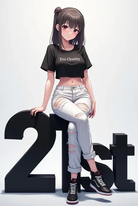 Create Beautiful large breast anime girl Sitting on a 3D Big Word "21st" which has Black Color and Design. The background is a white and grey gradient background and the girl is wearing Black Ccrop top shirt with Name "ᴋʀɪꜱʜᴀ ✰" in the middle with white ta...