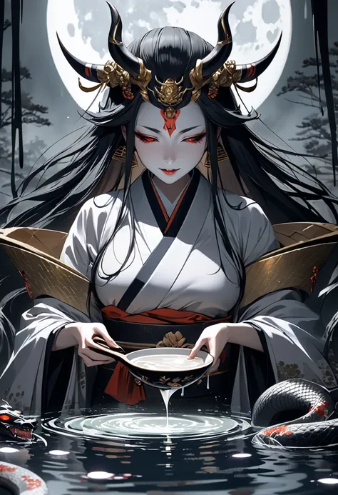 A majestic Oni empress in a traditional kimono sitting on a rock in a misty forest under a full moon, Her hand gracefully pours sake into an overflowing cup with the moon's reflection visible in the sake, Gas-like spirits float around her enhancing the mys...