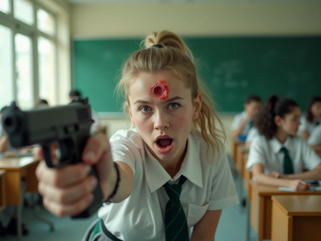 Generate image, HD, Masterpiece, 18 years old girl, natural blonde whit a ponytail,  squinting, wearing school uniform, white shirt, green tie, grey and green skirt, with 9 mm gun aiming to the viewer, she gets shot in her forehead, in a classroom. She fal...