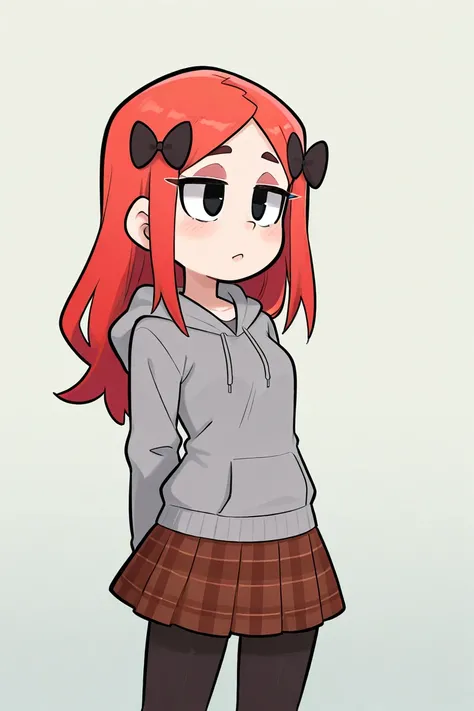 A girl with red hair, black eyes, wearing a gray top with a hood, a brown plaid skirt and black stockings having red bows. 