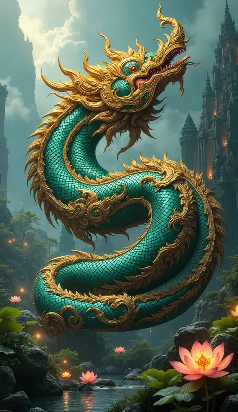 A majestic mechanical Naga with an ornate, fantasy-inspired design, blending Eastern mythology and Thai aesthetics. The colossal serpent-like creature has an immensely long, sinuous body covered in intricate swirling patterns, golden filigree, and vibrant ...