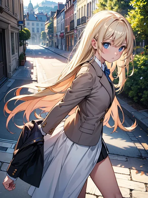 cinematic angle, solo focus,masterpiece, best quality, extremely detailed, absurdres, ,lens flare,The The background is a European-style townscape (walking) , looking at viewer,from side,from above, very aesthetic,one cute girl has long hair, (wind),,the b...