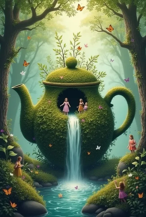  Create a fantasy illustration depicting a large teapot overgrown with trees and plants , with a waterfall flowing into the teapot .  Inside and around the teapot are several human miniatures interacting with their surroundings.  The background is a mystic...