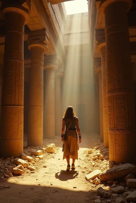 Inside an ancient Egyptian temple filled with dust and broken columns. The adventurer carefully navigates through a room where arrows shoot out from hidden mechanisms. Hieroglyphs cover the walls, and golden treasures lie scattered on the ground. Dark, atm...