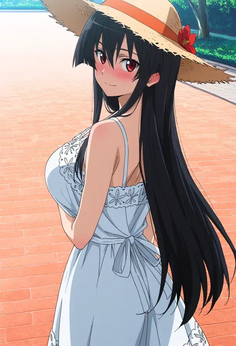 masterpiece, best quality, very aesthetic, anime screencap,1girl, solo, large breasts, blushing, looking at viewer,looking back,smile,akame, long hair, black hair, red eyes, hair between eyes,wearing a floral sundress and straw hat, walking on a sunny stre...