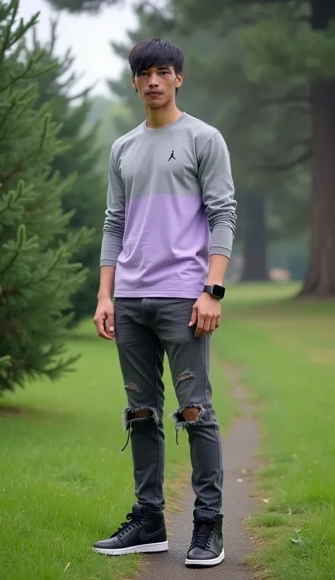 full size photo A 29-year-old young man with fair skin tone and ((straight hair styled with a side parting)). wearing a long-sleeved grey paid shirt with light purple gradient, wearing ripped pants at the knees of fashionable dark gray jeans street, wearin...