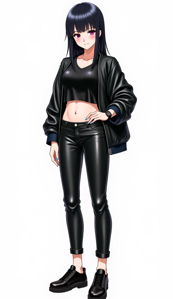 Japanese anime teenage woman with straight black hair and intense magenta eyes and a black watch and wears a black shiny silk top with a short bare abdomen and underneath Shiny black leather pants and shiny leather jacket and black shiny leather sneakers a...