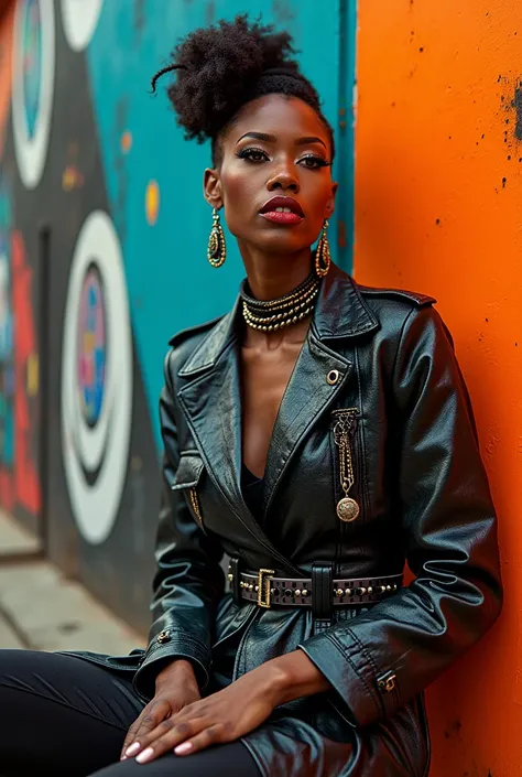 a high-fashion editorial shot of a woman dressed in avant-garde streetwear, blending bold patterns, metallic textures, and futuristic accessories. the background features abstract art and graffiti, combining modern fashion trends with street culture in an ...