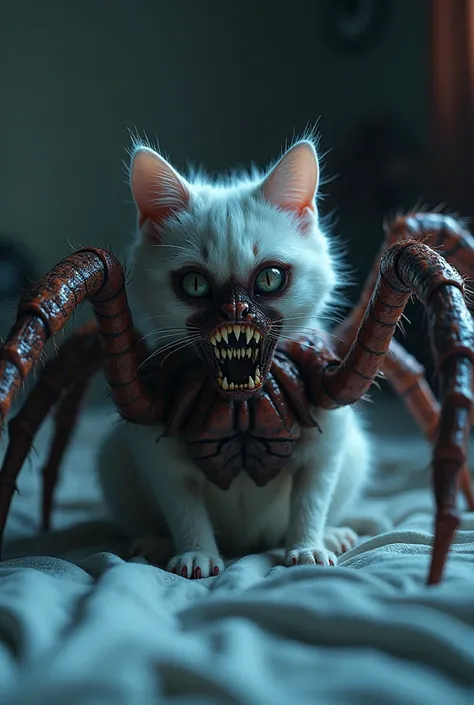  Create an animal with a white cat head in a horror spider body mask wearing a sharp toothed spiderman mask on a bed in the house. Super sharp images, surreal cinematic color 