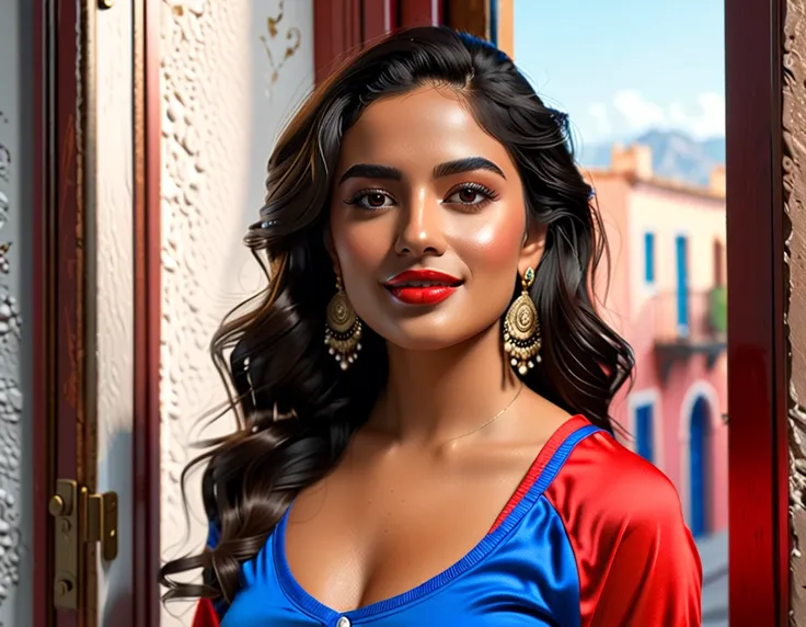 (highest quality, 4k, 8K, High resolution, masterpiece: 1.2), (Super detailed, realistic, realistic:1.37)Seductive Mexican woman, long, wavy, black hair, smiling, Wearing a striking red and blue casual outfit, Standing in front of the window with toughness...