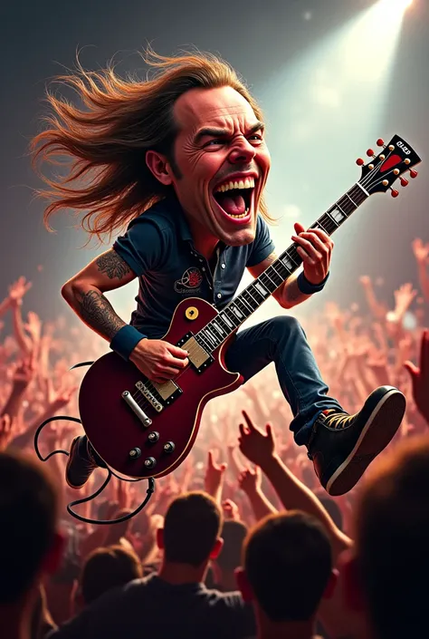 4D caricature image of a man playing electric guitar at a metal concert
