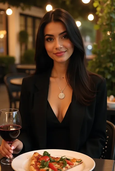 A young woman in her mid twenties having pakistani fair skin tone complexion,  is seated at a table in an outdoor restaurant. She is wearing a dark, possibly black, blazer-style top, and has long, straight dark black hair.  She has a sophisticated, light m...