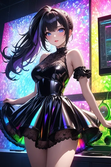 cute and cool beauty virtual idol, iridescent shiny silky disheveled ponytail, make up, amorous and lewd expression, captivating eyes, cortesy, elegance, dignity, curvaceous, wearing shiny copper-plated and jet black fluffy lace idol-style dress, backgroun...