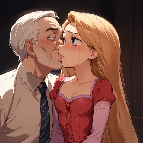 1girl ,rapunzel,,skinny, beautiful, blue eyes, ((red dress)), crying, afraid, old man kisses her,  kised by an old man, forced kiss, nsfw, big penis, clothed female, male nude