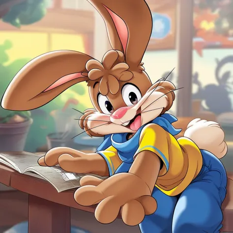 zPDXL3,quicky,4 fingers,brown fur, blue pants, small blue neck scarf, yellow shirt, French style, sitting down at a table in a cafe, young adult, cute version of quicky, cute rabbit hair, furry, rabbit, male, femboy, slim,solo,looking_at_viewer,