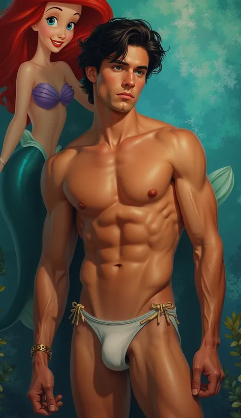 Portrait, prince eric from the little mermaid movies if he was real life person, wearing underwear thongs with double strings, wallpaper featuring mermaid Ariel 