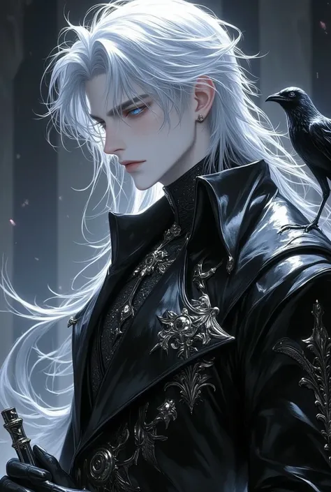 absurdres, Anime style, fantasy-style Victorian elegance in anime style, 1 man, male, fit body, 6 feet tall, Hairstyle similar to Tamaki's, Long silver white shiny floating hair that reaches his back, piercing blue glowing eyes, detailed eyes, peerless bea...