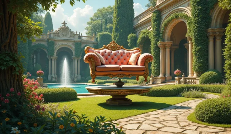 The garden of a very large villa has a sofa in the garden, a table in the text, and the sofa is placed on the table in the text